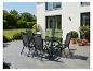 Buiten eethoek met zwarte tafel en groene stoelen op een terras naast een modern huis.