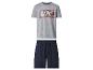 Tweedelige herenpyjama met grijs T-shirt en blauwe korte broek.