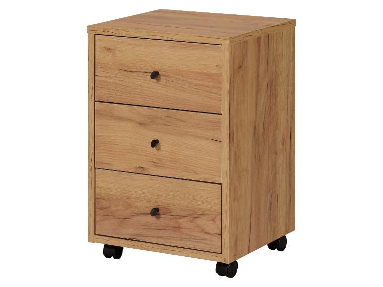 Houten archiefkast op wielen met drie lades en zwarte handgrepen