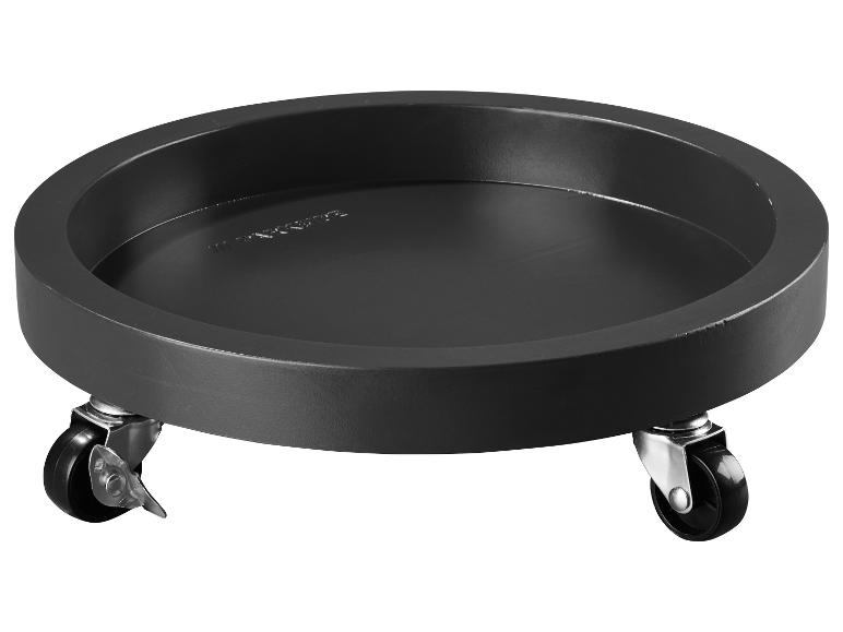 Zwarte ronde plantenroller met wielen en remmen, ideaal voor het verplaatsen van zware potten.