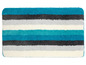 Een badmat met blauwe, grijze en witte strepen.