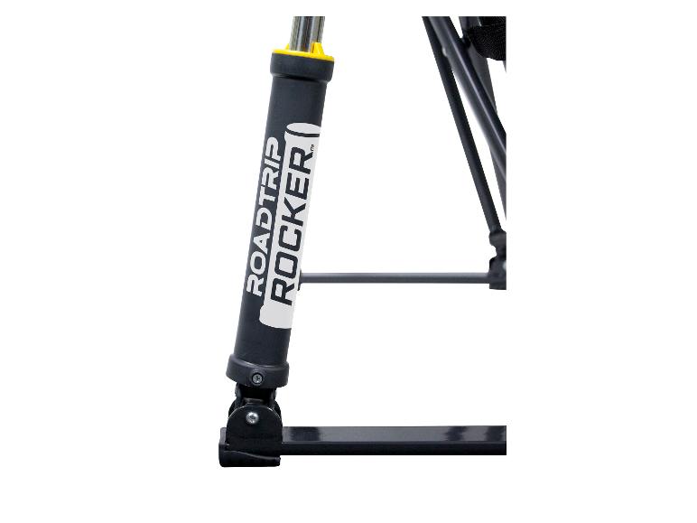Een zwarte Roadtrip Rocker stoel met een metalen frame.