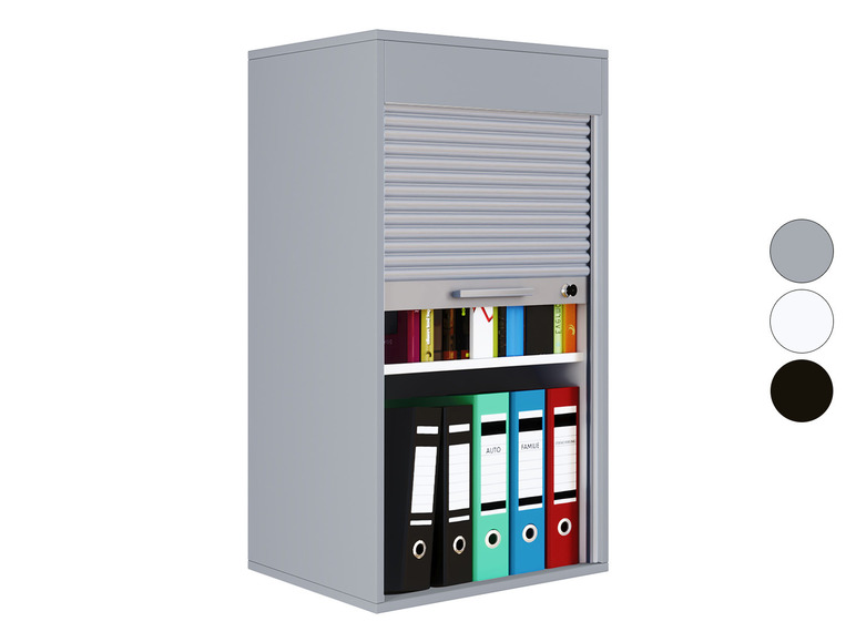 Grijze metalen kast met roldeur, gevuld met ringbanden en boeken.