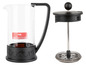 Een glazen Bodum French Press koffiepot met een zwarte handgreep en deksel.