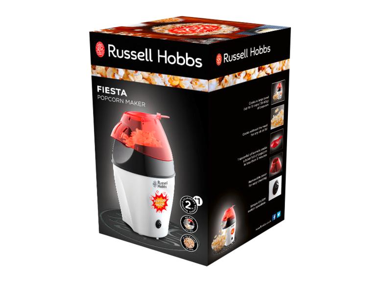 Een witte Russell Hobbs popcornmachine op de verpakking.