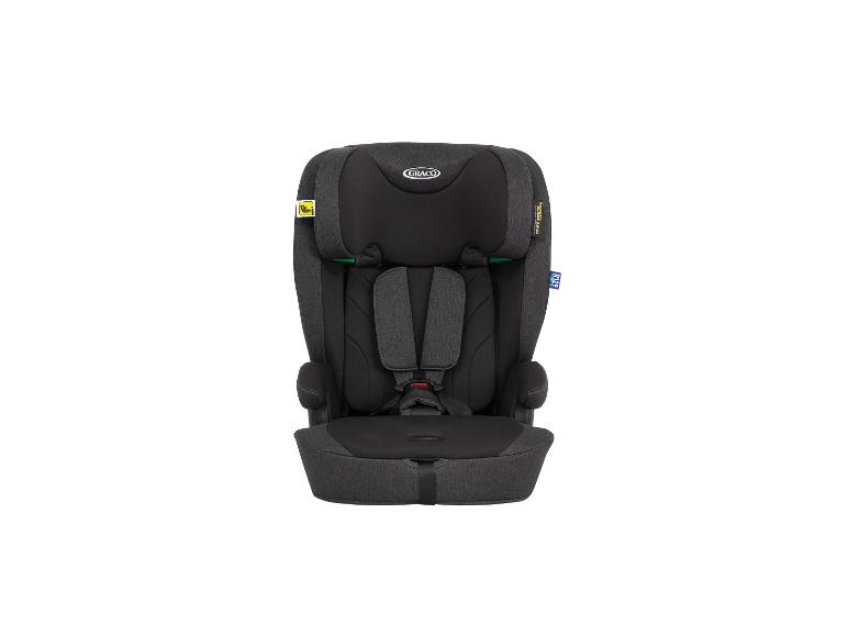 Zwart kinderautostoeltje met harnas en hoofdsteun.