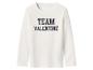 Wit shirt met lange mouwen en donkerblauwe tekst 'TEAM VALENTINE'