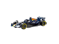 Donkerblauwe Formule 1-speelgoedauto met gele velgen.