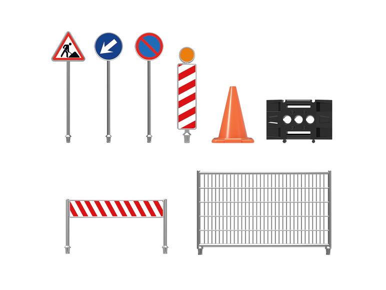 Verschillende verkeersborden en wegmarkering uitrusting.