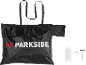 Zwarte gereedschapstas met wit en rood logo, witte fles en twee sleutels.