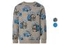 Beige sweatshirt met blauwe en groene politieauto- en brandweerwagenprint, met de tekst 'TO THE RESCUE'.