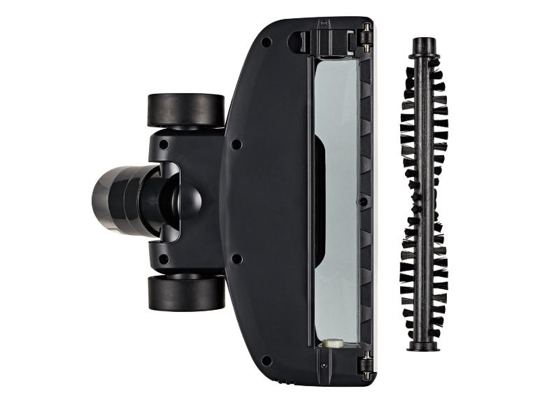 Zwarte handstofzuiger met afneembare borstel op een witte achtergrond.