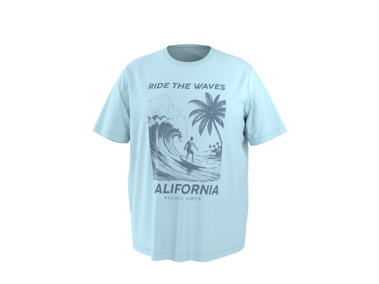 Lichtblauw T-shirt met grafische print van een surfer op een golf, palmbomen en tekst 'RIDE THE WAVES CALIFORNIA PACIFIC VIBES'.