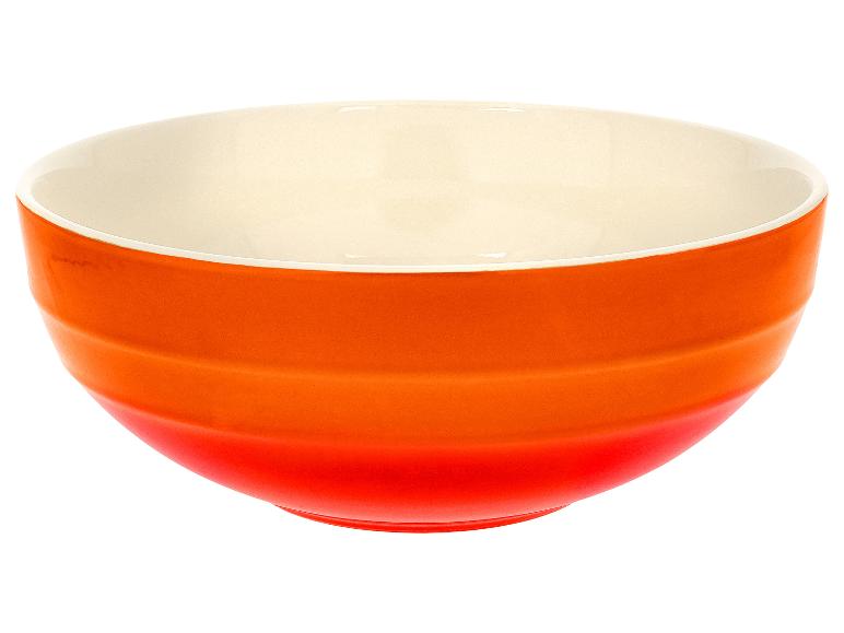 Oranje en crèmekleurige kom met horizontale groeven.