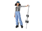 Meisje in ski-outfit met blauwe broek, grijs shirt, skischoenen, skibril en ski's.