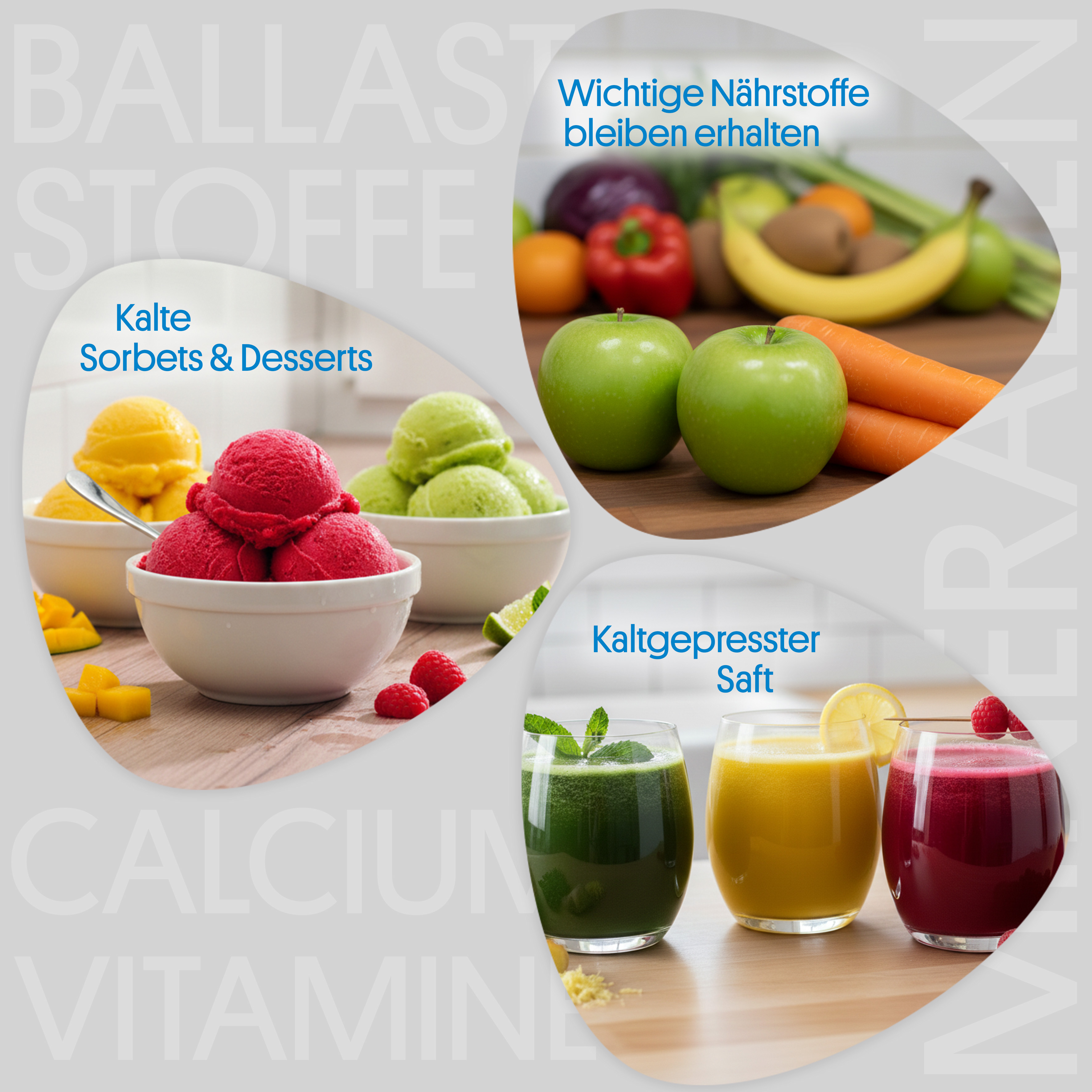 Belangrijke voedingsstoffen zoals vezels, calcium en vitaminen blijven behouden. Geschikt voor koudgeperst sap en koude sorbets en desserts.