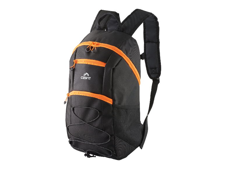 Een zwarte Crivit rugzak met oranje accenten.
