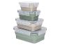 Stapel van vier opvouwbare voedselcontainers in groene en beige tinten.