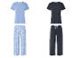 Jersey pyjama's: tops en broeken, effen of met bloemenprint.