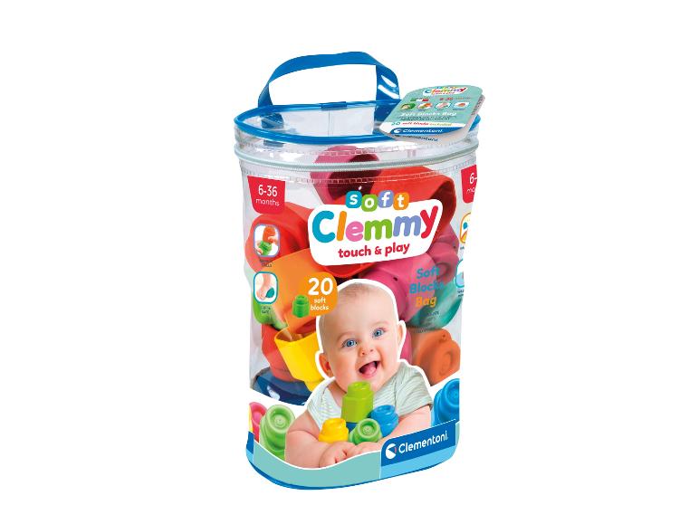 Een zak met 20 zachte Clemmy blokken van Clementoni voor baby's.