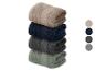 Set van vier gevouwen handdoeken in neutrale kleuren: beige, marineblauw, donkergrijs en grijsgroen.