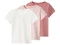 Drie T-shirts met korte mouwen in wit, lichtroze met stippen en donkerroze.