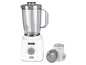 Een witte Kenwood blender met een glazen kan en een kleinere blenderbeker.
