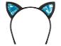 Een zwarte haarband met blauwe kattenoren.