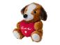Een bruine pluche hond met een rood hart met de tekst 'love'.