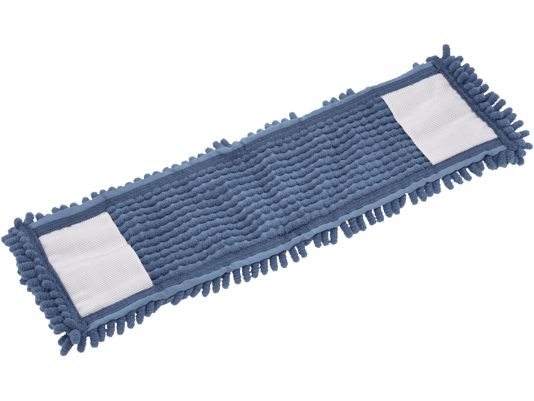 Blauwe microvezel dweilpad met pluizige textuur en witte bevestigingsbanden.
