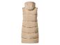 Lange beige gewatteerde bodywarmer met capuchon, achteraanzicht