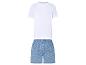 Wit T-shirt en blauwe boxershorts met bloemenprint.