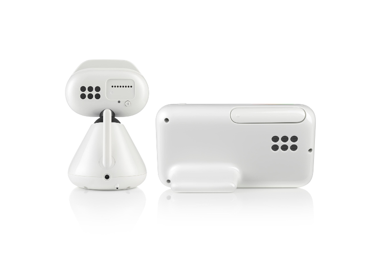 Twee witte babyfoons, één robotvormig en de ander rechthoekig, op een witte achtergrond.