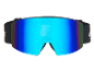 Zwarte skibril met blauwe spiegelende lens en elastische band.