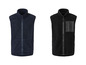 Twee fleece vesten met ritsen, een donkerblauwe en een zwarte.
