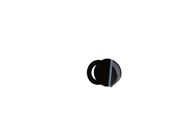 Zwarte flesdop met een blauwe ring, bovenaanzicht.