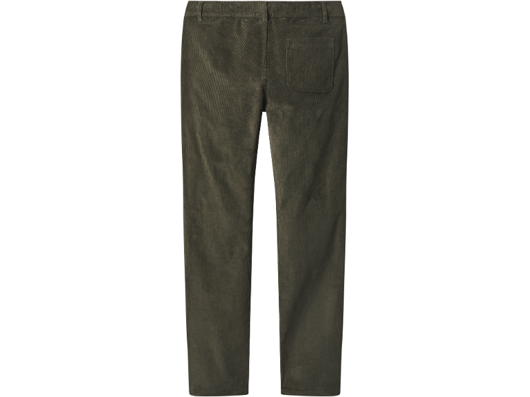 Achterkant van een olijfgroene corduroy herenbroek met achterzak.