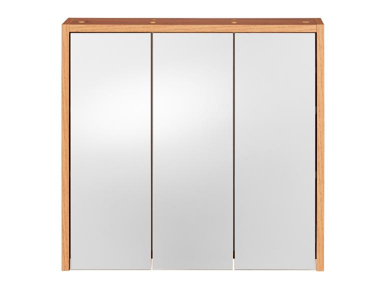 Driedelig badkamer spiegel met houten frame.