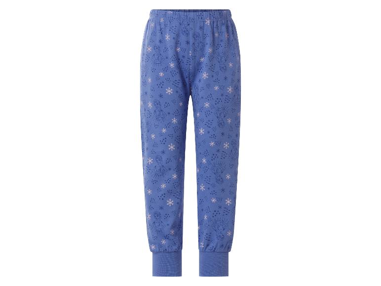 Blauwe kinderpyjamabroek met Elsa-figuren en sneeuwvlokken.