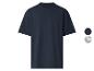 Donkerblauw T-shirt met korte mouwen en ronde hals, met effen en gestreepte kleurstalen.