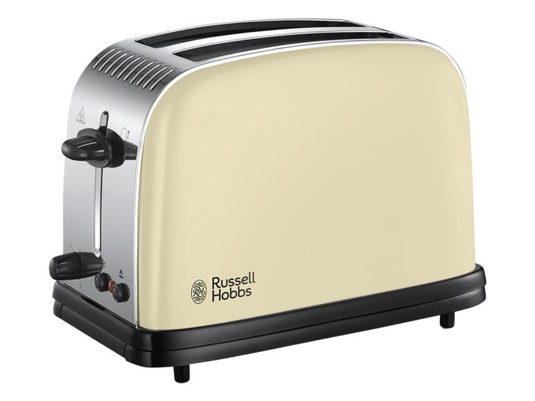 Een crèmekleurige Russell Hobbs broodrooster met twee gleuven.