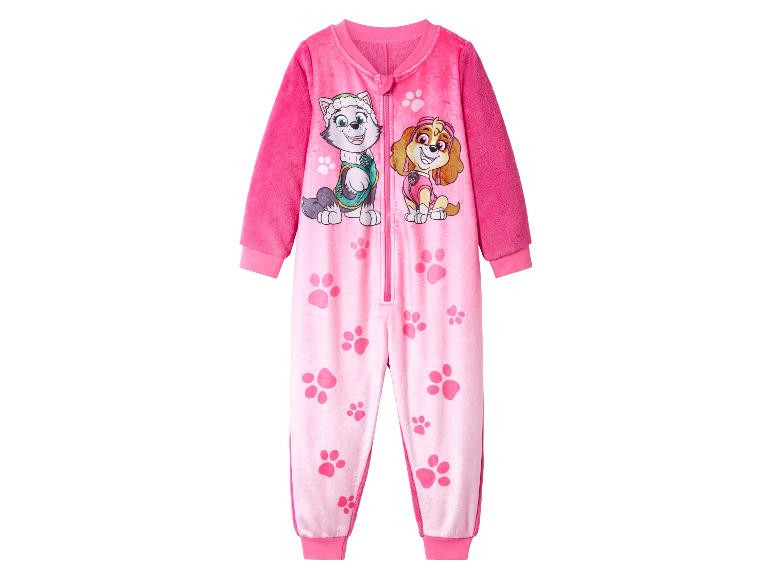 Roze kinderonesie met Paw Patrol-personages en pootafdrukken.