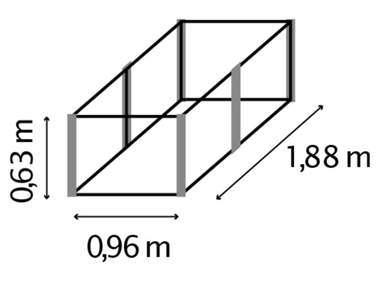 Kasframe met afmetingen: 0,63 m (hoogte), 0,96 m (breedte), 1,88 m (lengte).