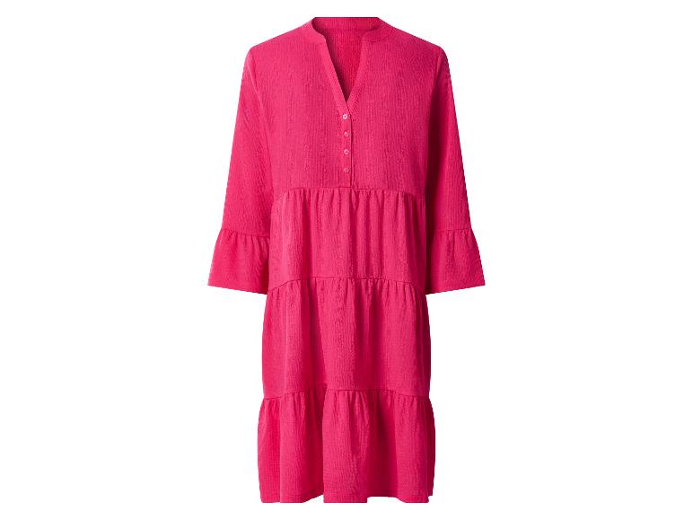 Roze dames midi-jurk met 3/4 mouwen en ruches