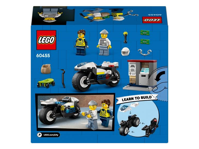 LEGO City doos met politiemotor, minifiguren en accessoires.