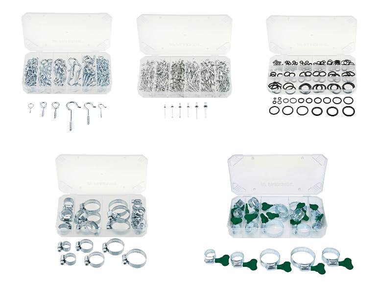 Set van schroefogen, klinknagels, O-ringen en slangklemmen in diverse dozen.