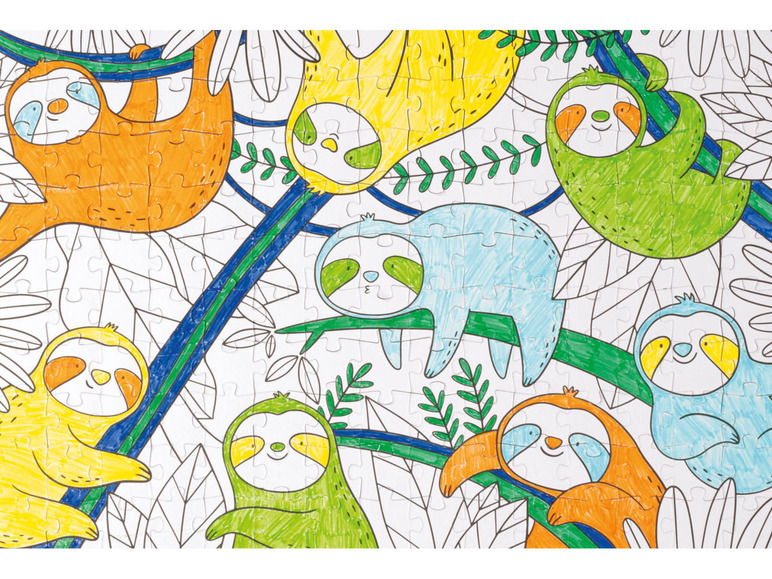 Een kleur-je-zelf puzzel met luiaards in de jungle.