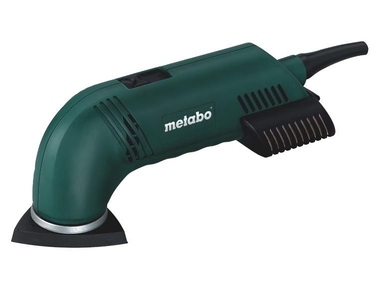 Groene Metabo deltaschuurmachine met zwarte schuurzool en stroomkabel