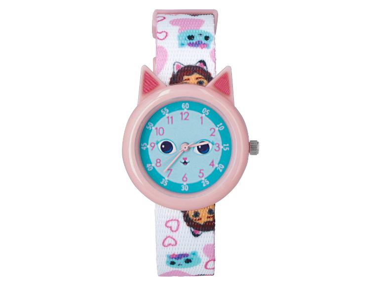 Roze kattenhorloge met stripfiguren op de band.