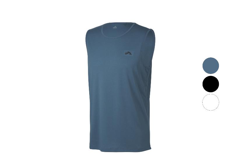 Blauw mouwloos sportshirt voor heren met logo, ook verkrijgbaar in zwart en wit.